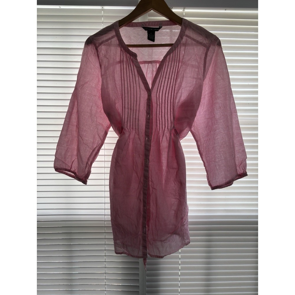 Antilla Femme Tunic Button Up Blouse XL Red Pinstripe Tie Back Cotton Pin Tucks